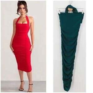 Club L London Letitia Green Halter Neck Ruched Bodycon Midi Dress Size 2